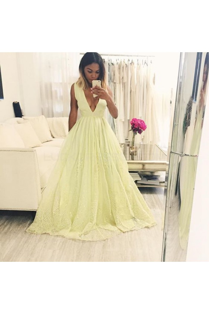 A-Line V-Neck Lace Long Prom Formal Evening Party Dresses 3020886