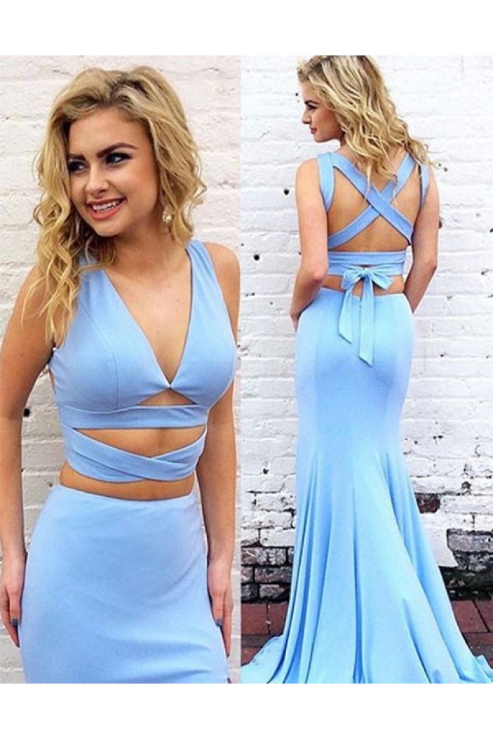 Long Blue V-Neck Mermaid Prom Formal Evening Party Dresses 3020960