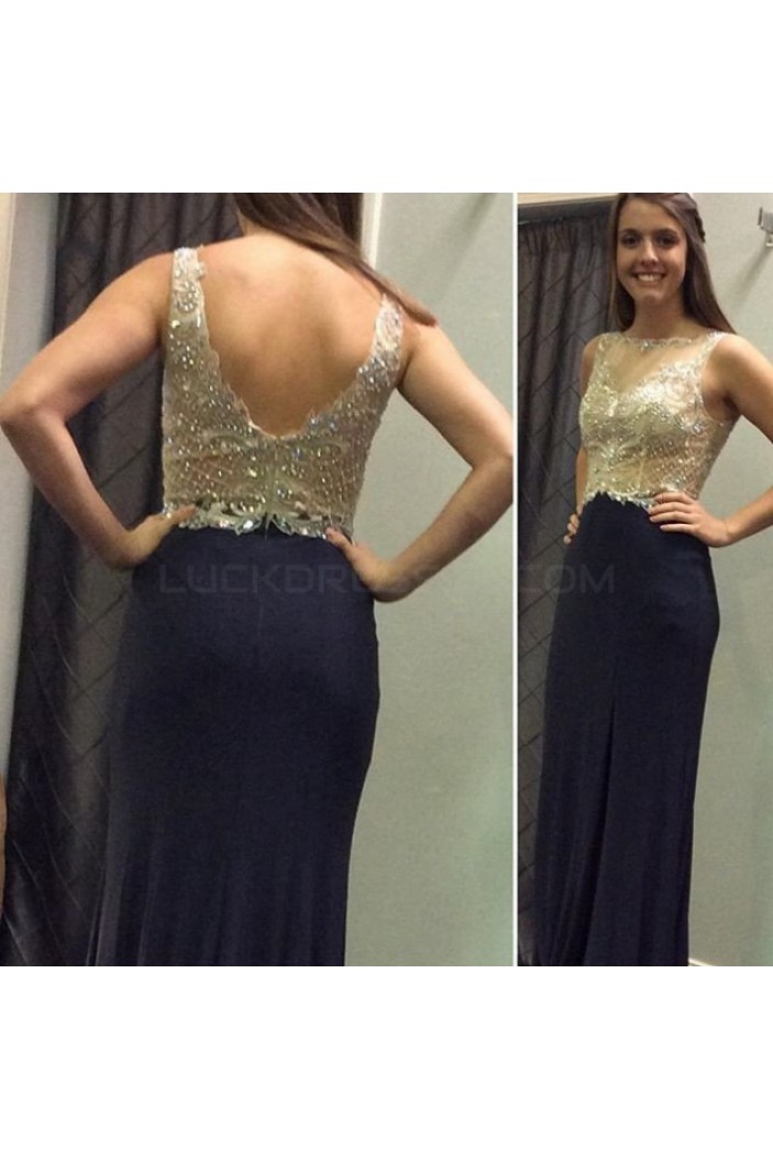 Long Navy Blue Beaded Prom Formal Evening Party Dresses 3020992