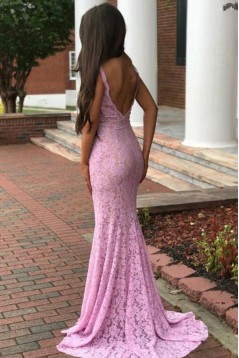 Inexpensive Mermaid Long Pink Lace Prom Dresses Evening Gowns 601004