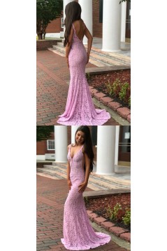 Inexpensive Mermaid Long Pink Lace Prom Dresses Evening Gowns 601004