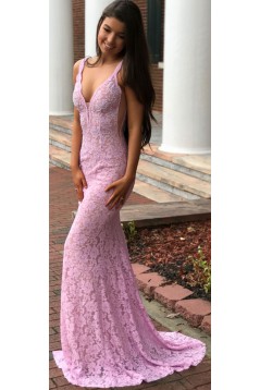 Inexpensive Mermaid Long Pink Lace Prom Dresses Evening Gowns 601004