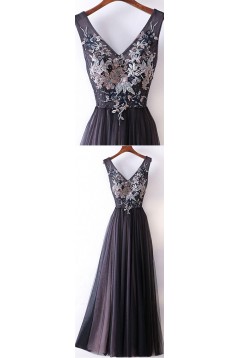 Elegant A-Line V-Neck Long Prom Dresses Evening Gowns 601010