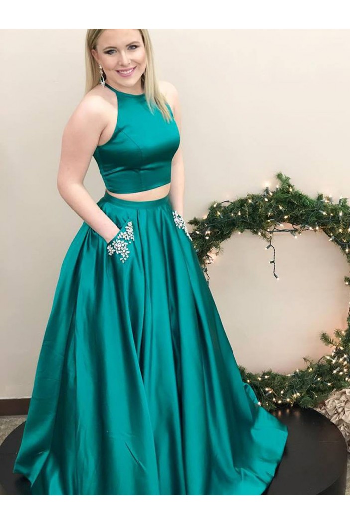 A-Line Two Pieces Beaded Long Prom Dresses Formal Evening Dresses with Pocket 601018