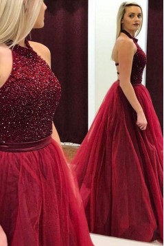 Ball Gown Hatler Beaded Long Burgundy Prom Dresses Formal Evening Dresses 601019