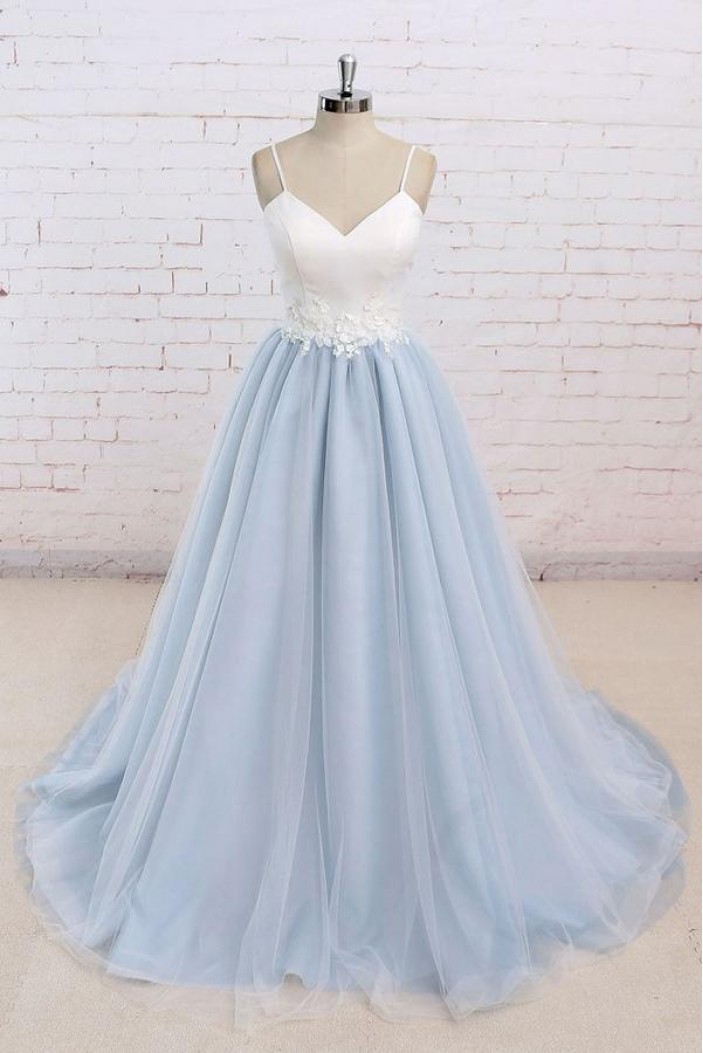 A-Line V-Neck Spaghetti Straps Long Prom Dresses Formal Evening Dresses 601022