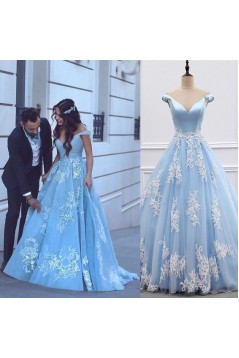 Ball Gown Lace Off-the-Shoulder Long Blue Prom Dresses Formal Evening Dresses 601023