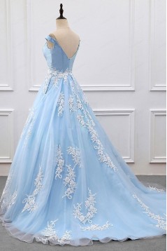 Ball Gown Lace Off-the-Shoulder Long Blue Prom Dresses Formal Evening Dresses 601023