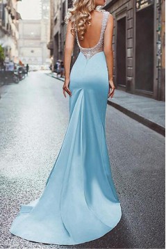 Long Blue Beaded Backless Mermaid Prom Dresses Formal Evening Dresses 601027