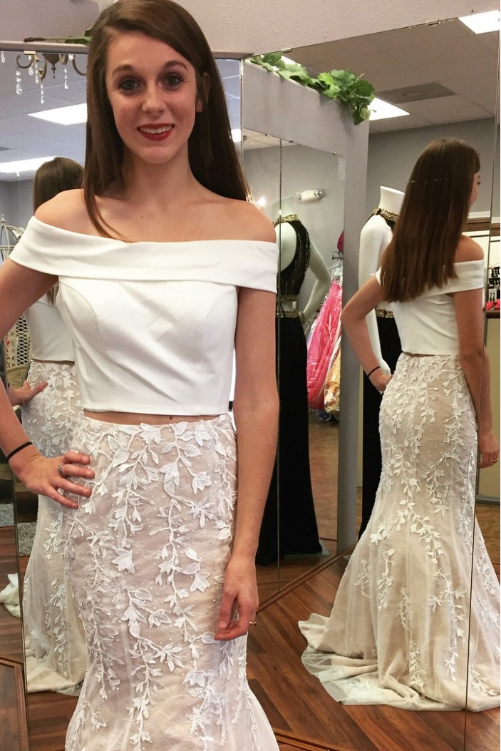 Mermaid Two Pieces Off-the-Shoulder Long Prom Dresses Formal Evening Dresses 601029