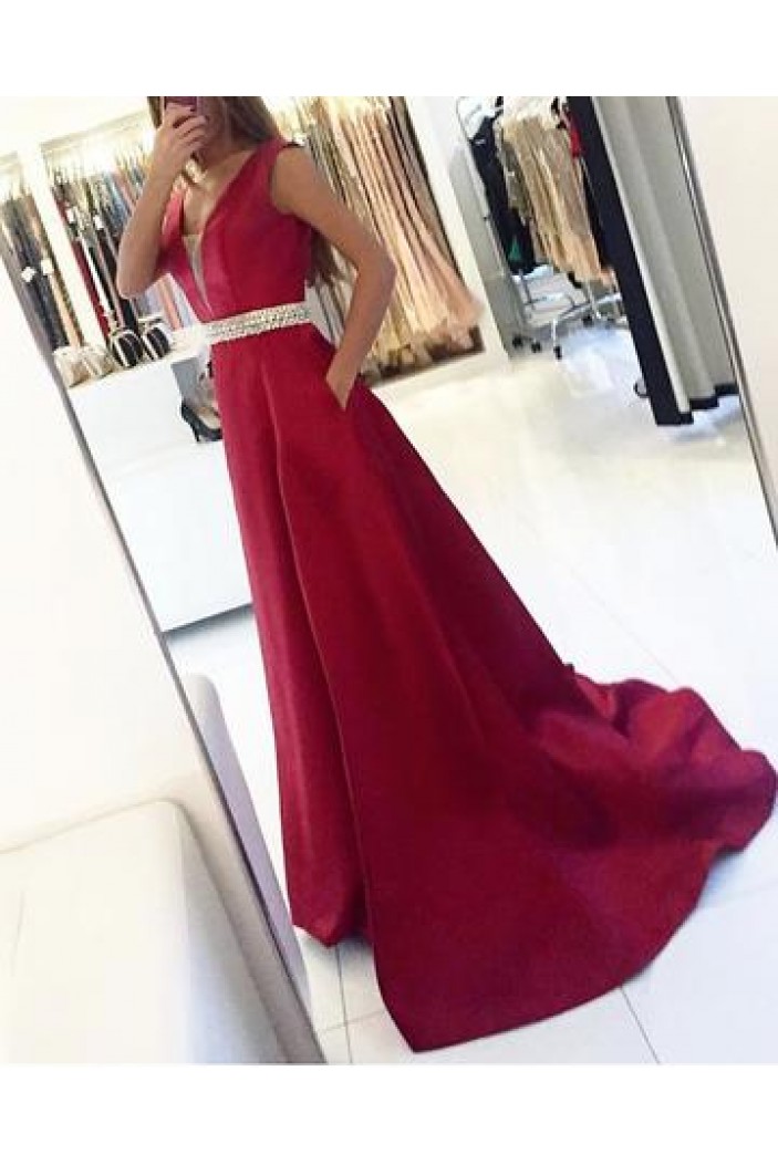 A-Line Beaded V-Neck Long Prom Dresses Formal Evening Dresses 601035