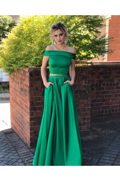 Two Pieces Long Green Beaded Prom Dresses Formal Evening Dresses 601037