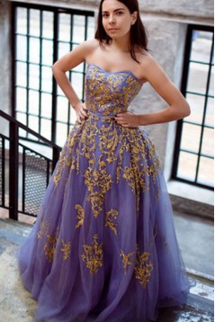 Ball Gown Tulle Gold Lace Appliques Long Prom Dresses Formal Evening Dresses 601044