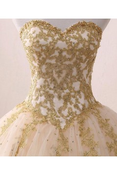 Ball Gown Sweetheart Gold Lace Appliques Long Prom Dresses Formal Evening Dresses 601059