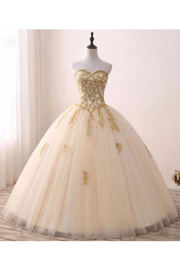 Ball Gown Sweetheart Gold Lace Appliques Long Prom Dresses Formal Evening Dresses 601059