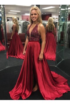 A-Line Beaded V-Neck Long Prom Dresses Formal Evening Dresses 601078