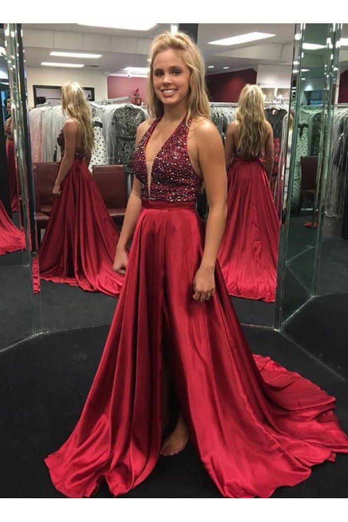 A-Line Beaded V-Neck Long Prom Dresses Formal Evening Dresses 601078