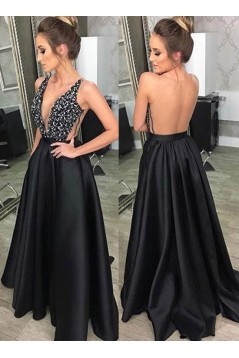 A-Line V-Neck Beaded Long Black Prom Dresses Formal Evening Dresses 601086