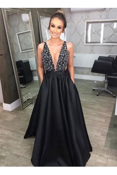 A-Line V-Neck Beaded Long Black Prom Dresses Formal Evening Dresses 601086