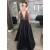 A-Line V-Neck Beaded Long Black Prom Dresses Formal Evening Dresses 601086