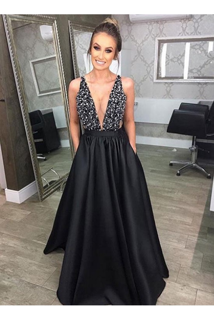 A-Line V-Neck Beaded Long Black Prom Dresses Formal Evening Dresses 601086