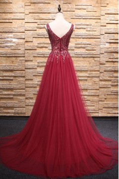 A-Line Beaded Long Red Tulle Prom Dresses Formal Evening Dresses 601087