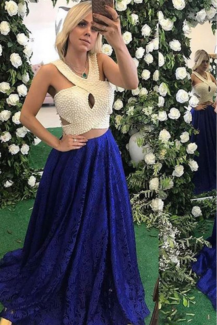 Beaded Lace Blue White Long Prom Dresses Formal Evening Dresses 601091