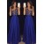 A-Line One-Shoulder Long Blue Beaded Lace Chiffon Prom Dresses Formal Evening Dresses 601092
