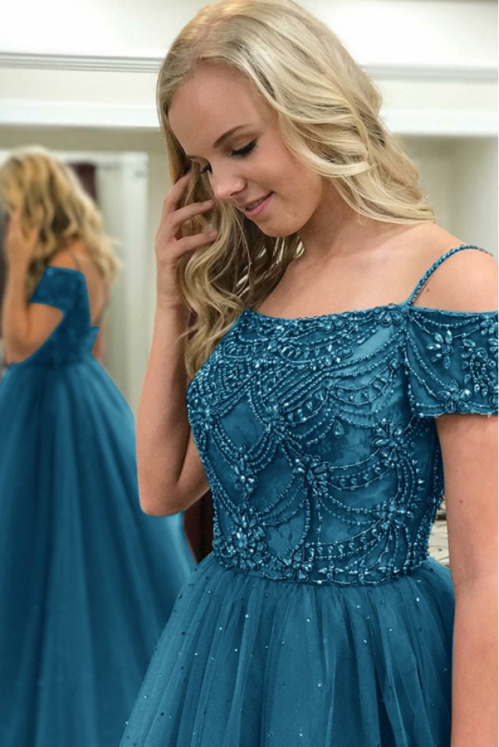 Beaded Tulle Long Prom Dresses Formal Evening Dresses 601105