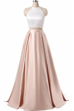 Halter Two Pieces Satin Long Prom Dresses Formal Evening Dresses 601113
