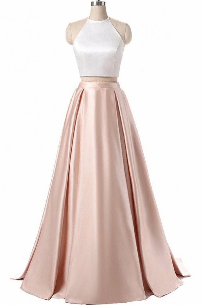Halter Two Pieces Satin Long Prom Dresses Formal Evening Dresses 601113