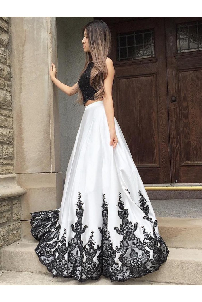 Affordable Two Pieces Lace Long Prom Dresses Evening Party Gowns with Beads 601116