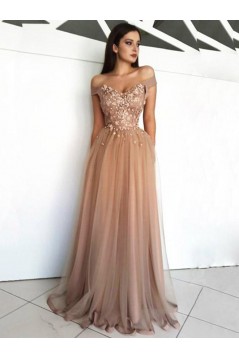 Elegant Off-the-Shoulder Beaded Lace Tulle Long Prom Dresses Formal Evening Dresses 601126