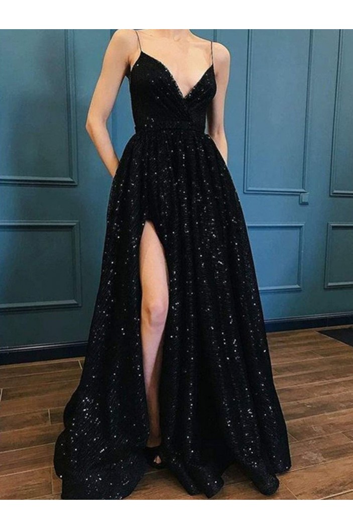 Spaghetti Strap Sparkle Long Black Prom Dresses Formal Evening Dresses 601129