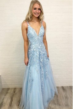 A-Line Lace Appliques V-Neck Long Prom Dresses Formal Evening Dresses 601132