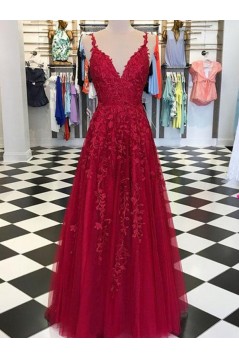A-Line Lace Appliques V-Neck Long Prom Dresses Formal Evening Dresses 601142
