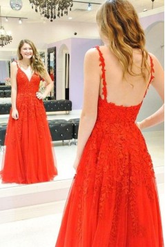 A-Line Lace Appliques V-Neck Long Prom Dresses Formal Evening Dresses 601142