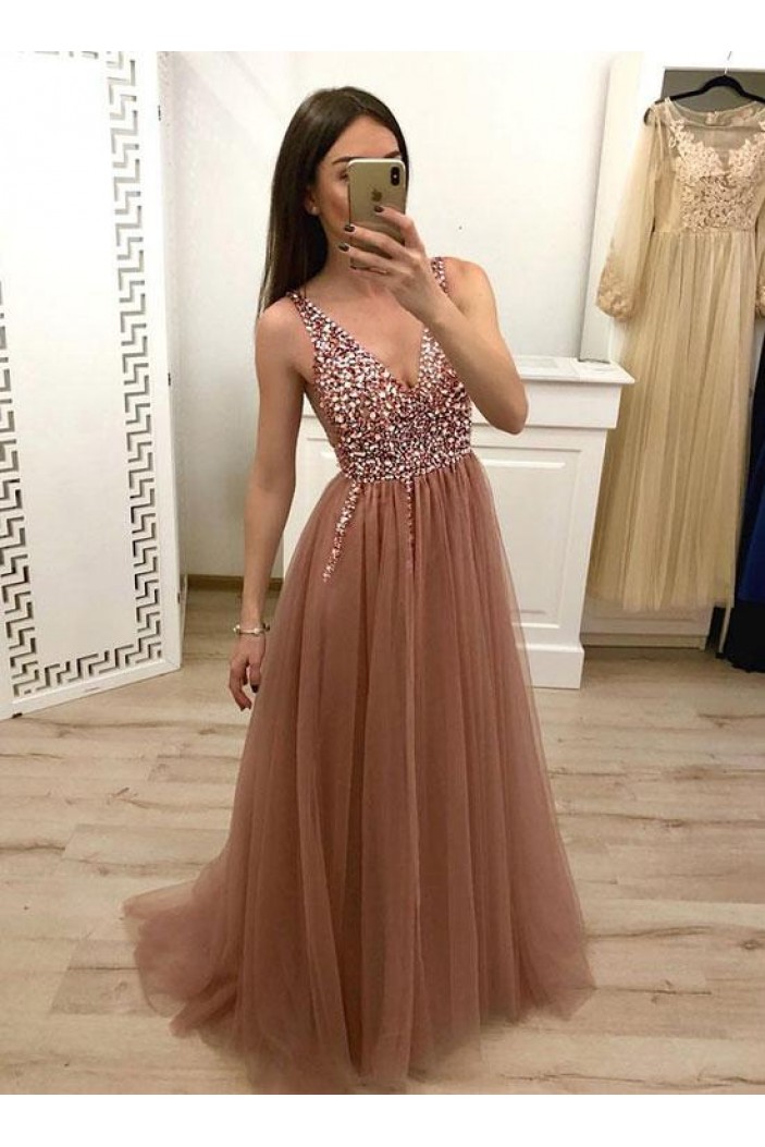 A-Line Beaded V-Neck Tulle Long Prom Dresses Formal Evening Dresses 601143