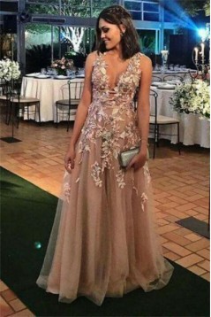 A-Line V-Neck Long Prom Dresses Formal Evening Dresses 601155
