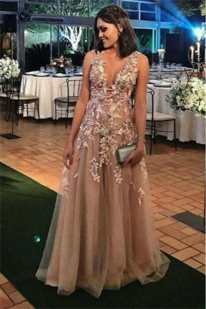 A-Line V-Neck Long Prom Dresses Formal Evening Dresses 601155