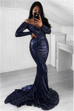 Long Sleeves Mermaid Sequins Prom Dresses Formal Evening Dresses 601158