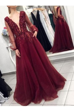 Long Beaded V-Neck Lace Appliques Prom Dresses Formal Evening Dresses 601171