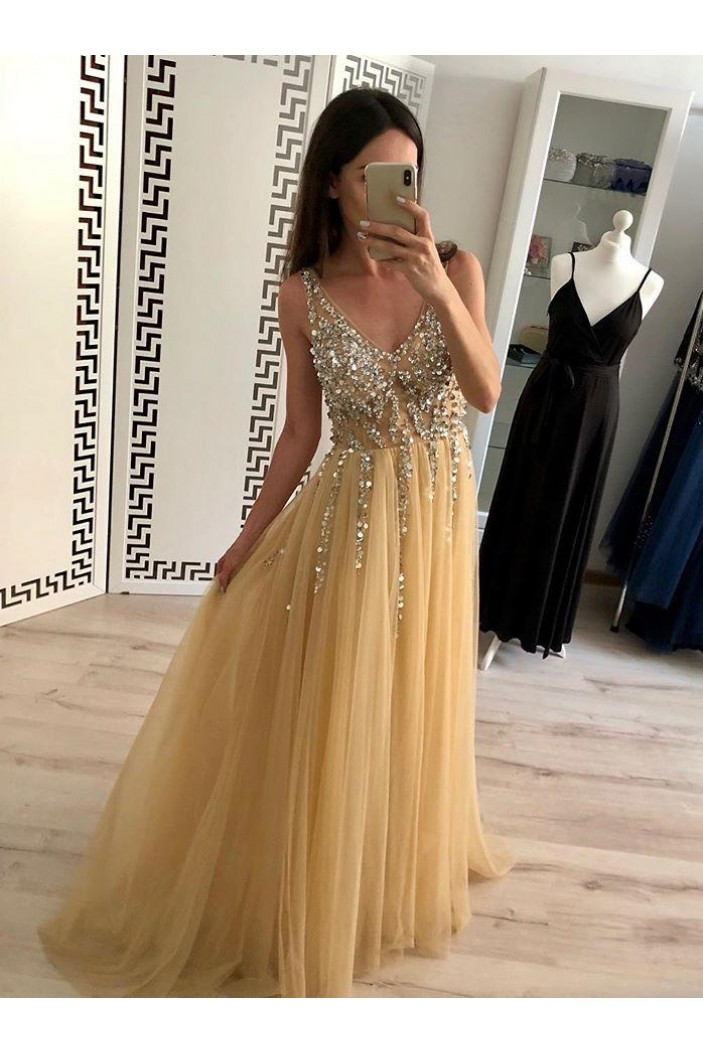 A-Line Beaded Tulle V-Neck Long Prom Dresses Formal Evening Dresses 601179