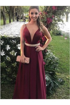 A-Line V-Neck Beaded Long Prom Dresses Formal Evening Dresses 601180