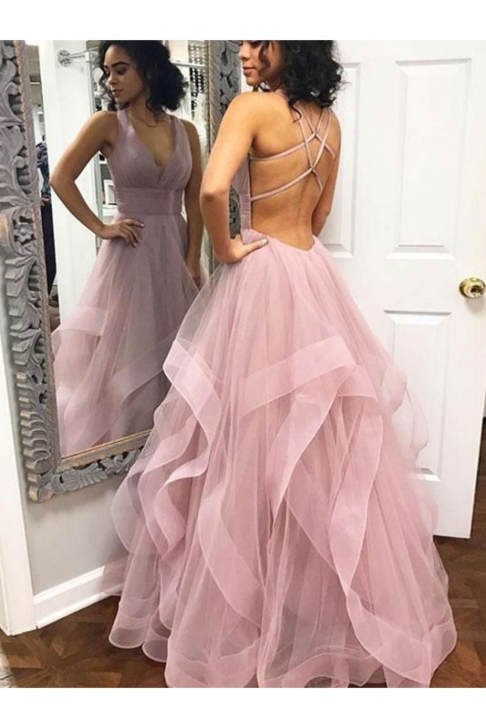 Long Tulle V-Neck Prom Dresses Formal Evening Dresses 601189