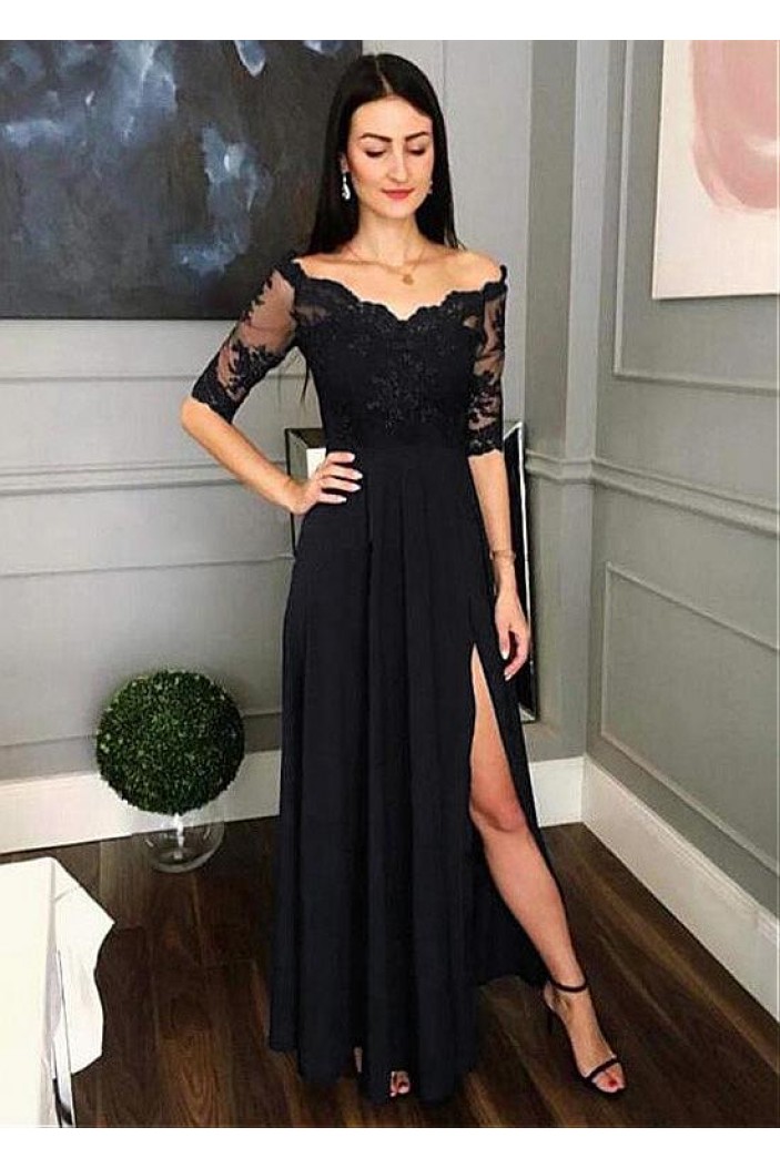Lace and Chiffon V-Neck Long Mother of the Bride Dresses Formal Evening Dresses 601210