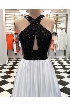 A-Line Beaded Black White Long Prom Dresses Formal Evening Dresses 601214