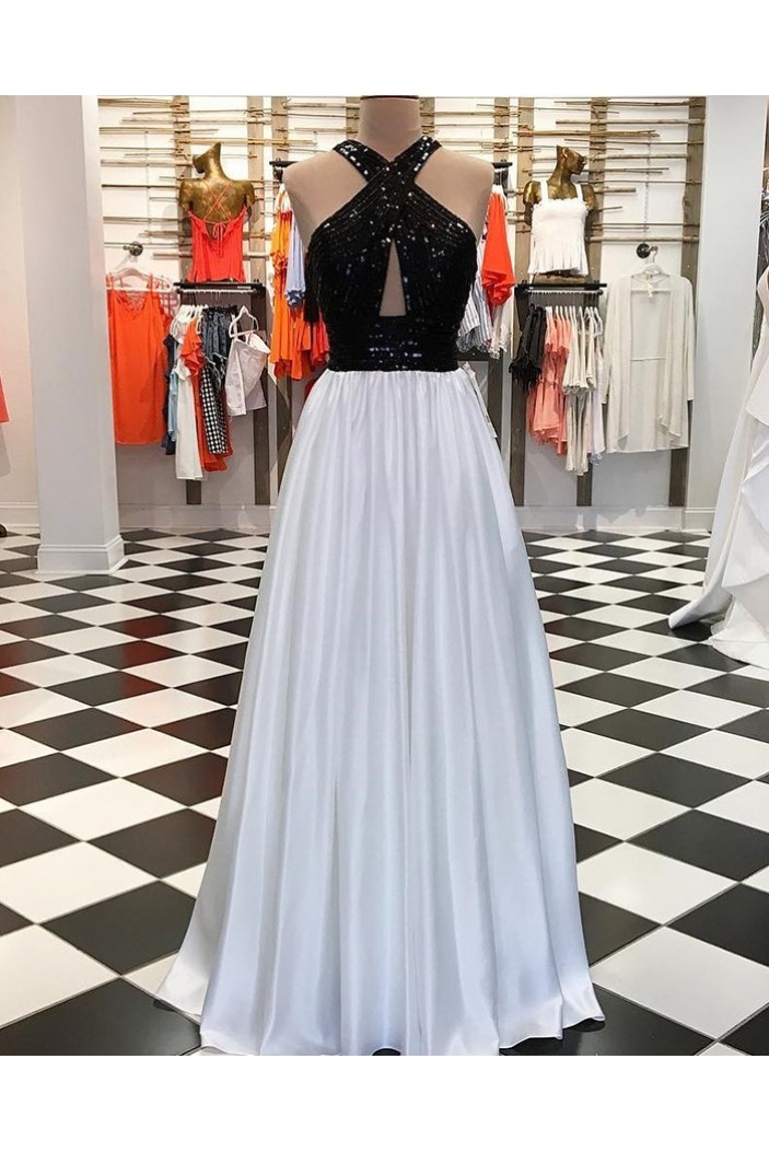 A-Line Beaded Black White Long Prom Dresses Formal Evening Dresses 601214