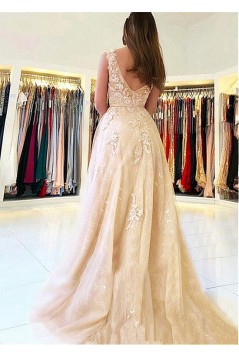 A-Line V-Neck Lace Long Prom Dresses Formal Evening Dresses 601229