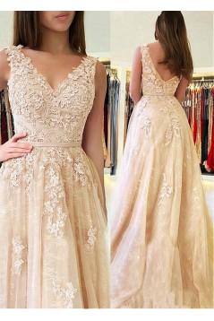 A-Line V-Neck Lace Long Prom Dresses Formal Evening Dresses 601229